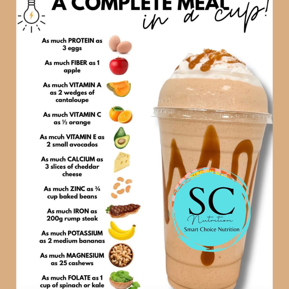 Smart Choice Nutrition smoothie with nutritional facts comparing its content to whole foods.