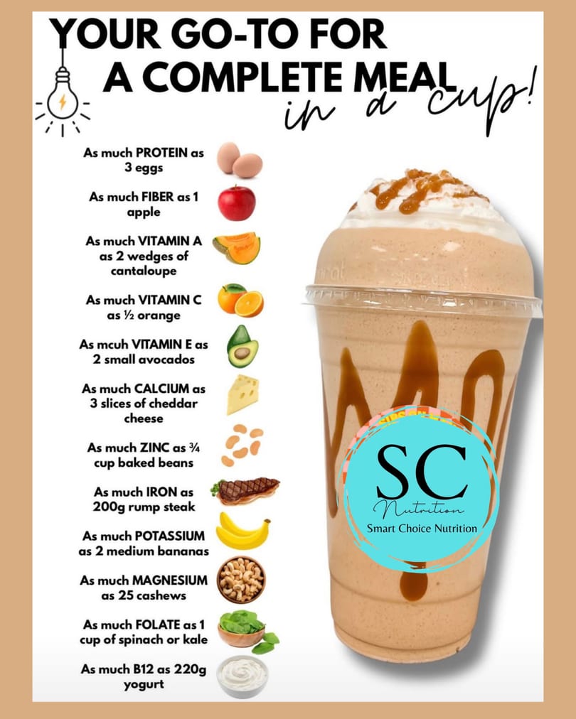 Smart Choice Nutrition smoothie with nutritional facts comparing its content to whole foods.