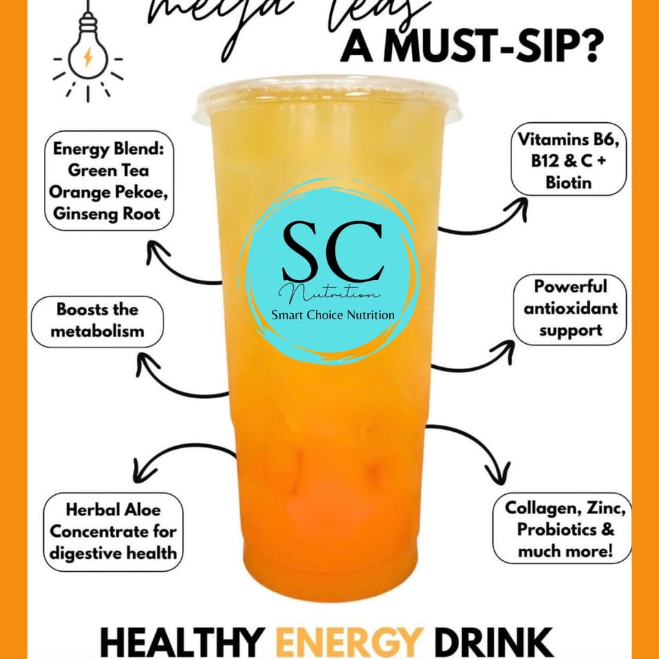 Smart Choice Nutrition's mega tea, an orange and yellow drink, with its health benefits listed.