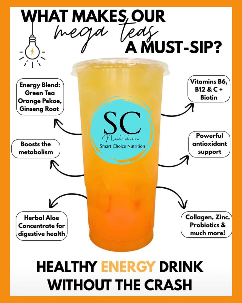 Smart Choice Nutrition's mega tea, an orange and yellow drink, with its health benefits listed.
