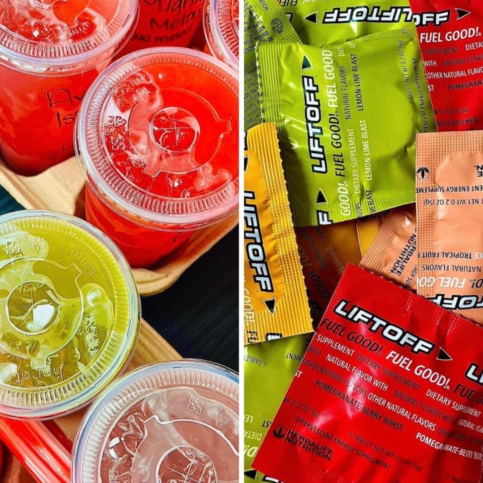 Smart Choice Nutrition 252 drinks and Herbalife Liftoff packets in various flavors.