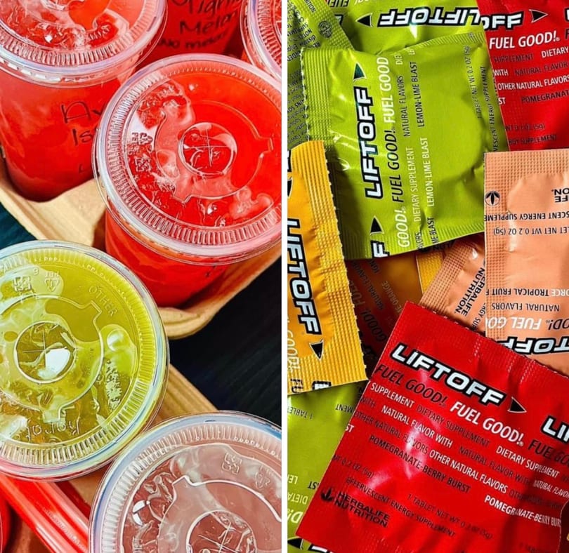Smart Choice Nutrition 252 drinks and Herbalife Liftoff packets in various flavors.